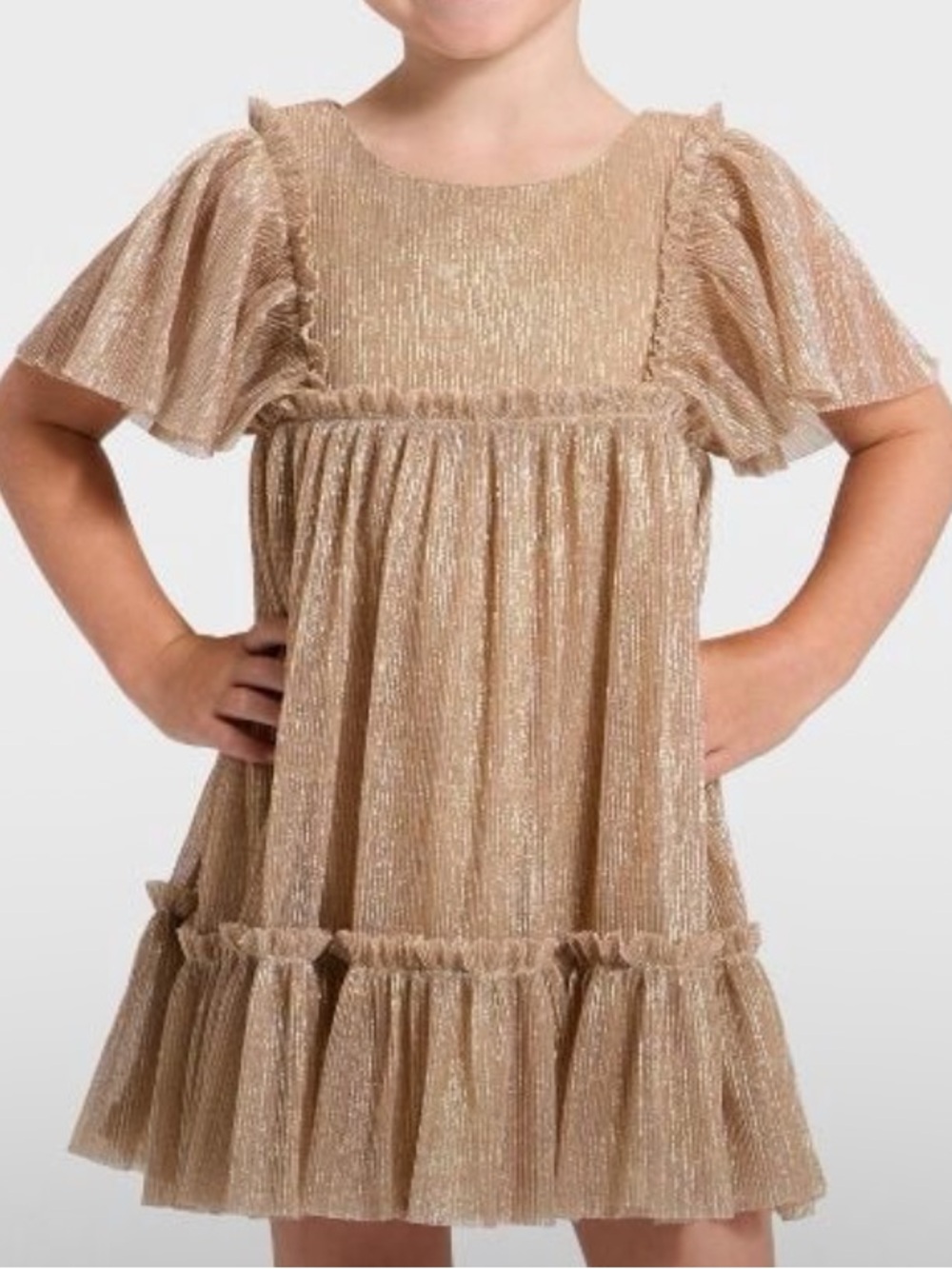 Girls Gold Glitter Ruffle Sleeve Formal Dress